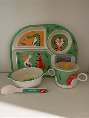 Kids Animal Dinner Set - Green Illustrated Plate, Bowl, Cup & Spoon